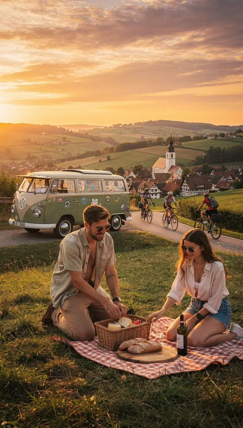 Eine charmante Dorfstraße in einem historischen deutschen Dorf, umgeben von Fachwerkhäusern.